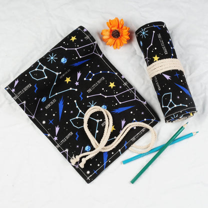 Canvas roll-up pencil case with starry sky print, plain square style, 12 to 108 holes, 0.1kg