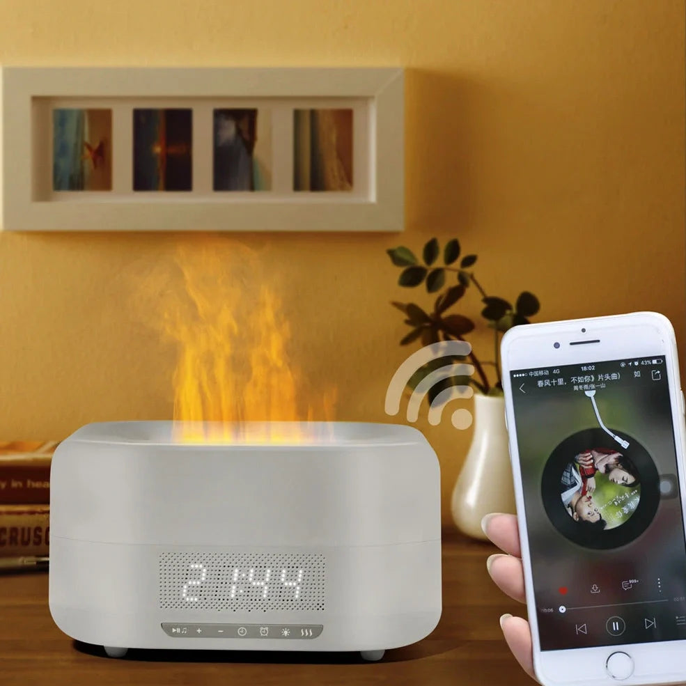 Square white Firelight Speaker & Humidifier measuring 229x110x127mm with 4-6 litre water tank