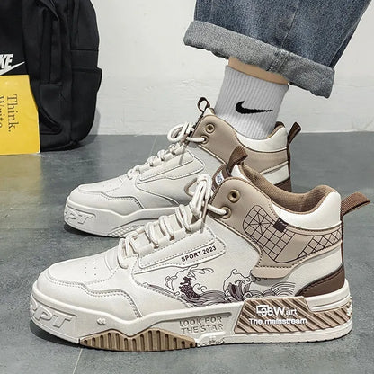 Men's beige white blue high-top board shoes with lace-up front and rubber soles