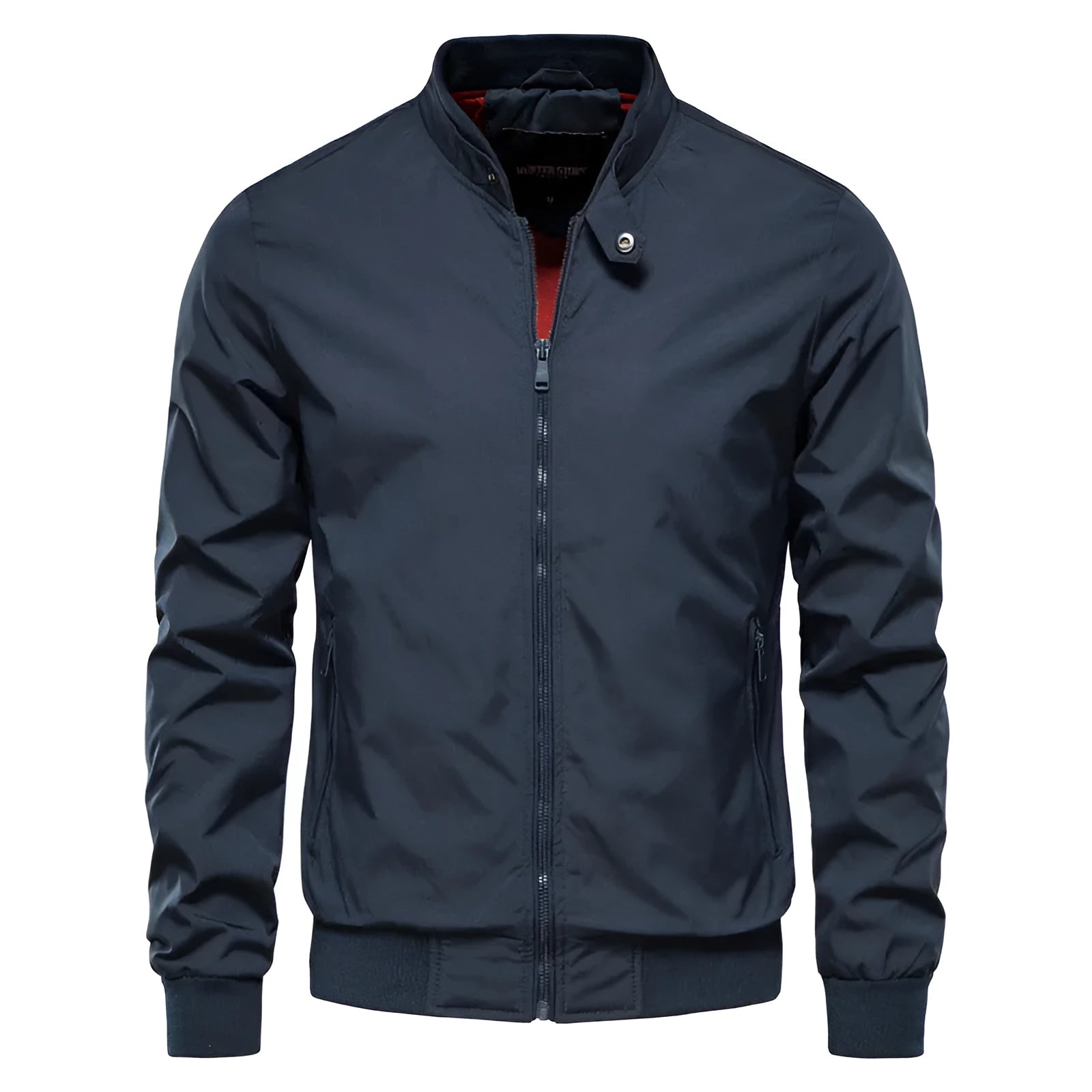Men's thin polyester jacket in dark blue, black, or army green with continental sizing from S to XXL for casual wear.
