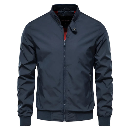 Men's thin polyester jacket in dark blue, black, or army green with continental sizing from S to XXL for casual wear.
