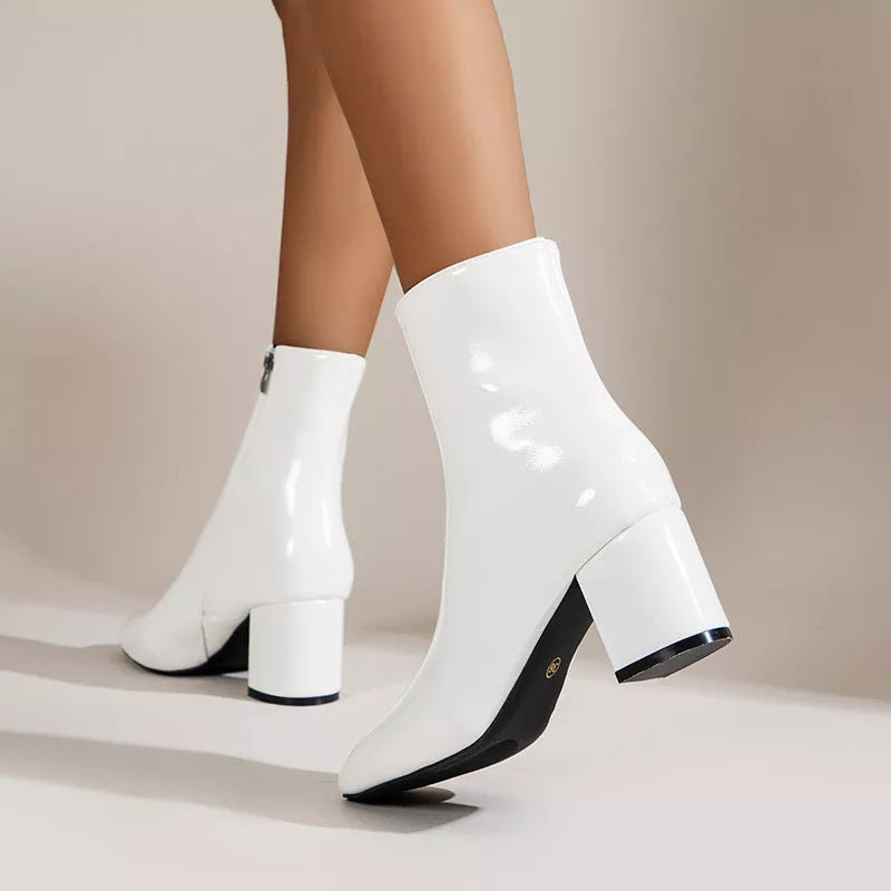 Women's chunky heel pointed toe boots with side zipper in four colors