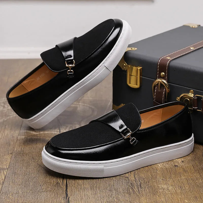 Men's black slip-on loafers with horsebit buckle and round toe, artificial leather upper