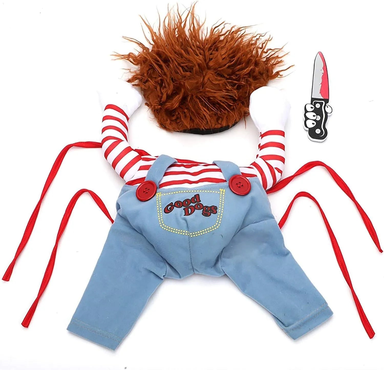 Striped Halloween costume set for pet dog or cat showing jacket, trousers, and prop knife accessory