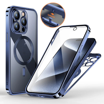 Metal buckle magnetic iPhone case with wireless charging support in gold, blue, black, and silver gray