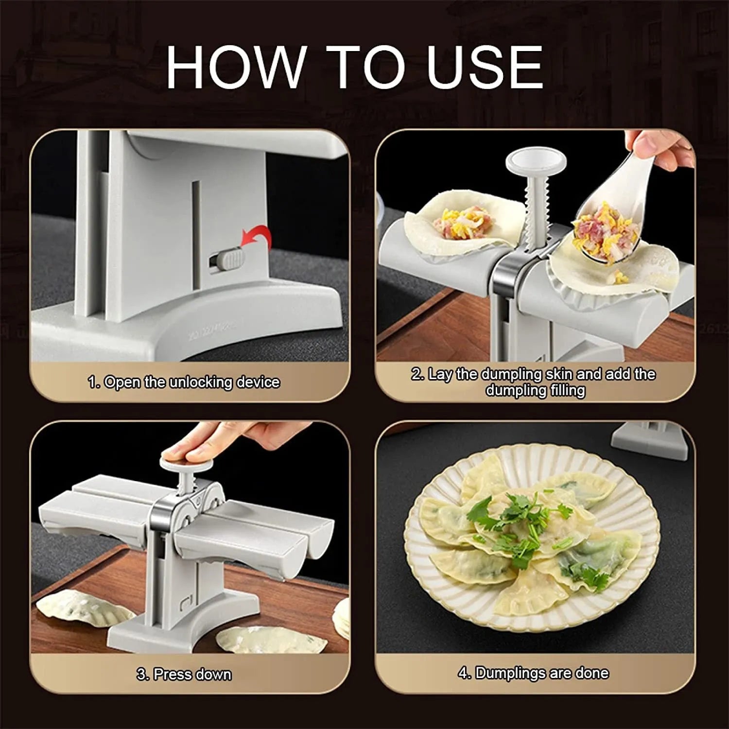White double-head manual dumpling maker press on a kitchen counter