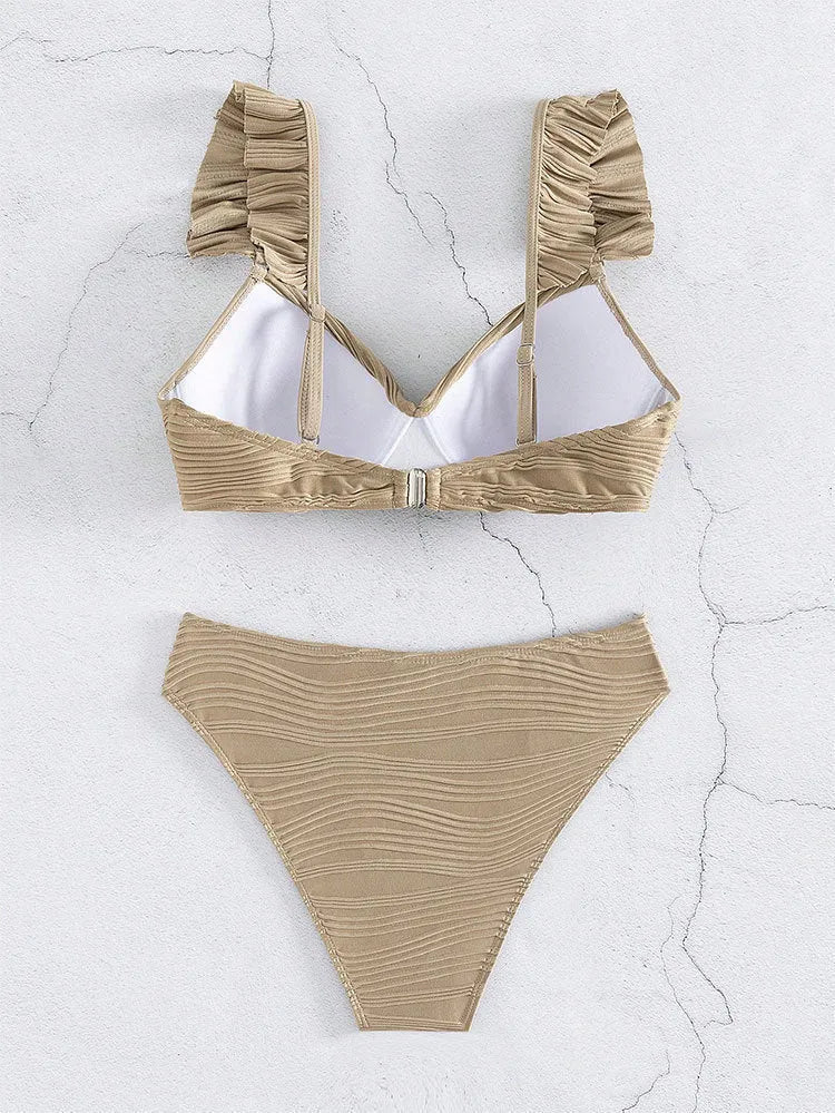 Women's solid colour polyester bikini swimsuit in black or khaki shown as two-piece set