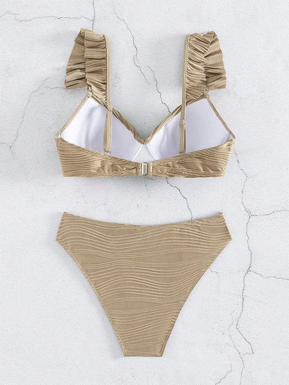 Women's solid colour polyester bikini swimsuit in black or khaki shown as two-piece set