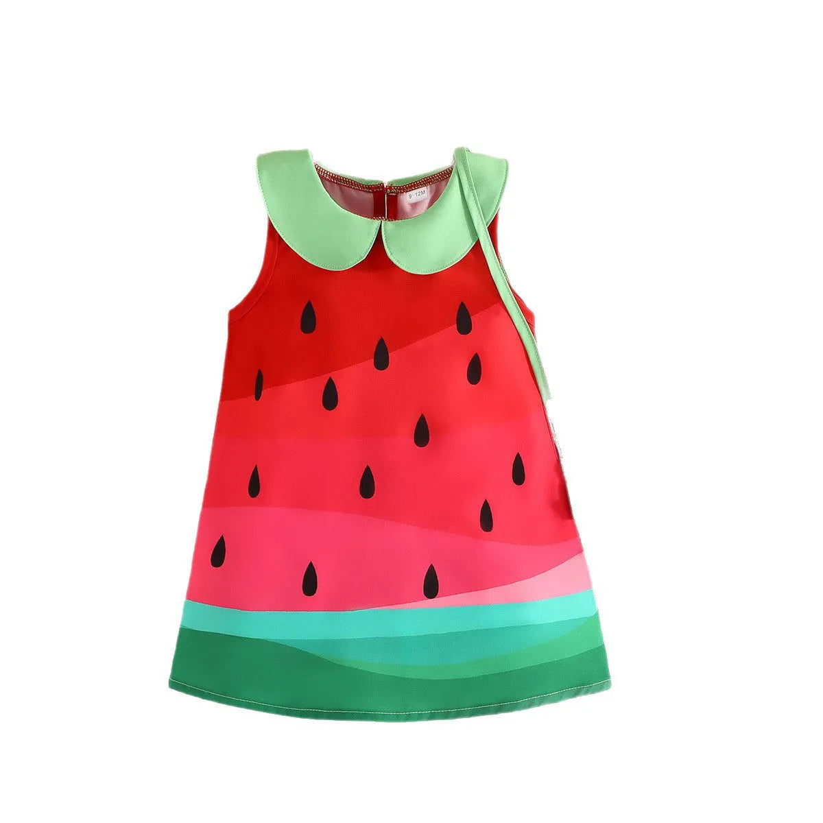 Girls sleeveless cartoon fruit print dress in colour QCQ40031AM, polyester fibre, sizes 6-9M to 2-3Y