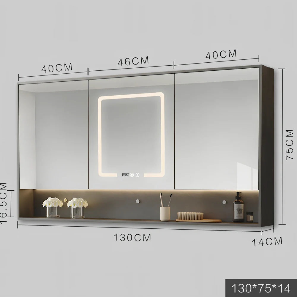 Wall-mounted bathroom mirror cabinet with LED lights and anti-fog technology in solid wood construction