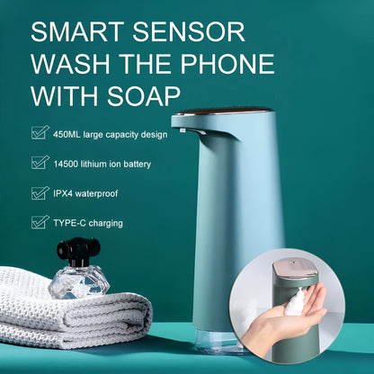 White automatic foam soap dispenser with infrared sensor on a bathroom countertop.