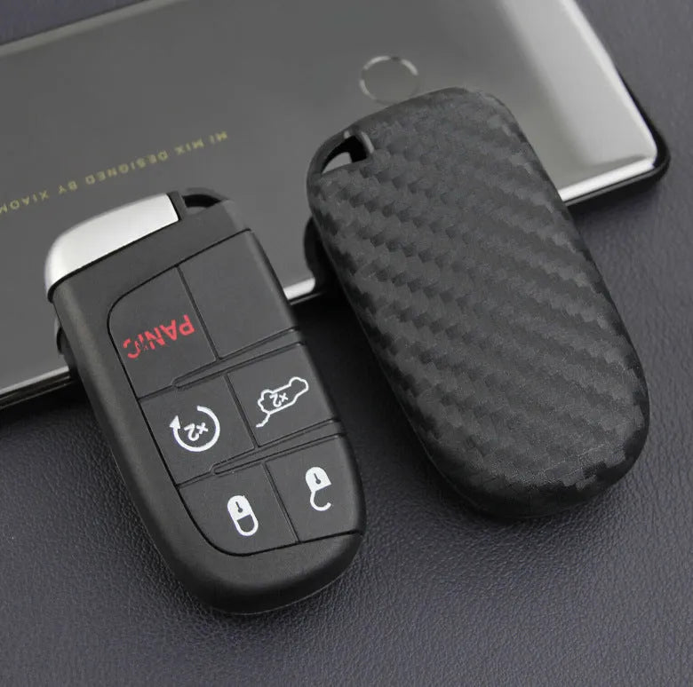 Carbon fibre texture silicone key case for Dodge Chrysler Fiat vehicles showing 2mm thickness