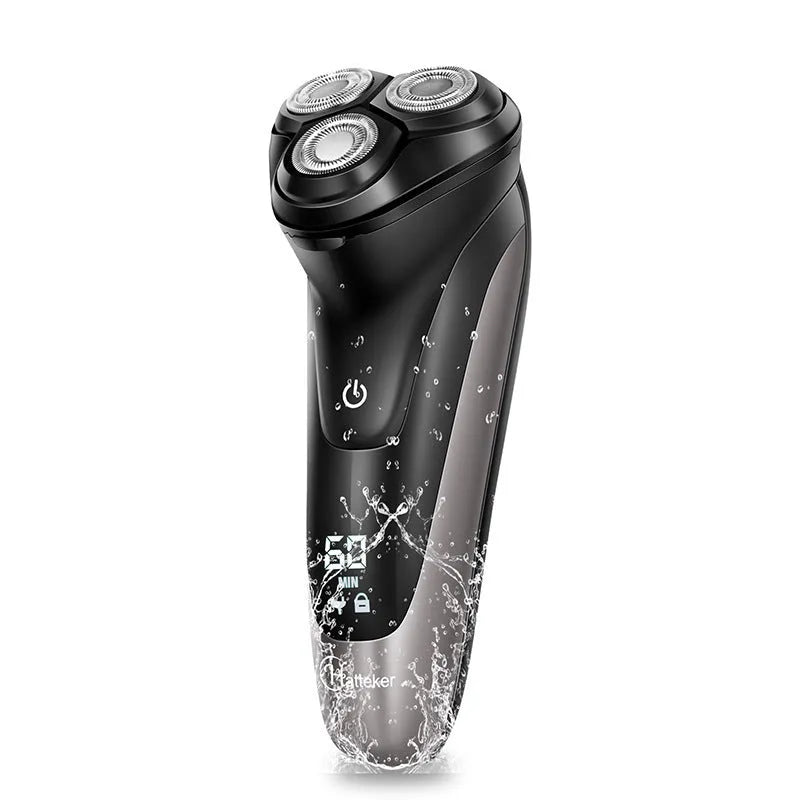 Electric shaver for men featuring a floating three-head rotary shaver system with pop-up sideburn trimmer, washable ABS body construction, 60 minutes of use from a 1.5-hour charge, and a USB rechargeable power supply for both dry and wet shaving.