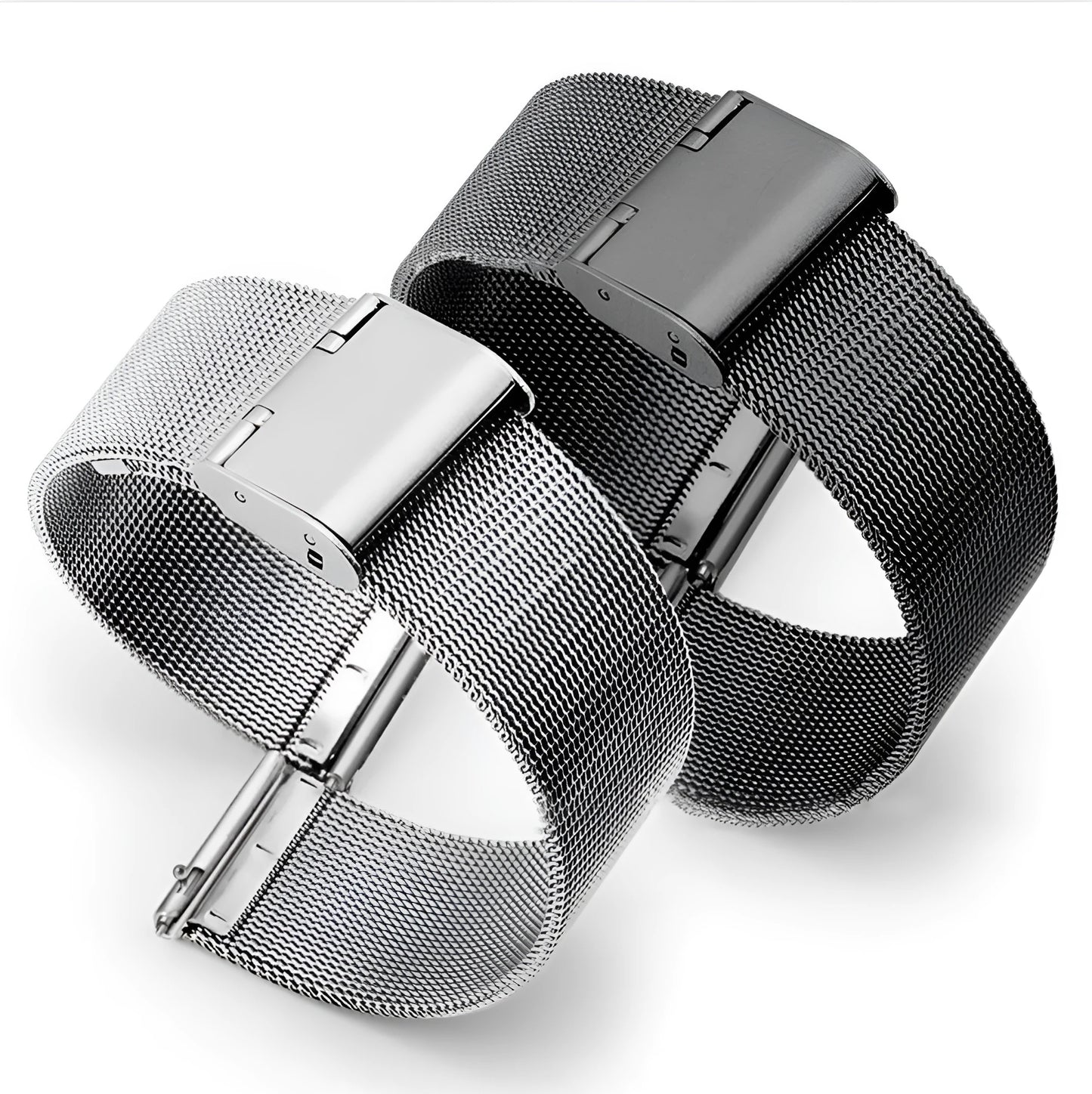 Milani silk woven stainless steel watch band showing metallic finish and woven texture, available in multiple width sizes