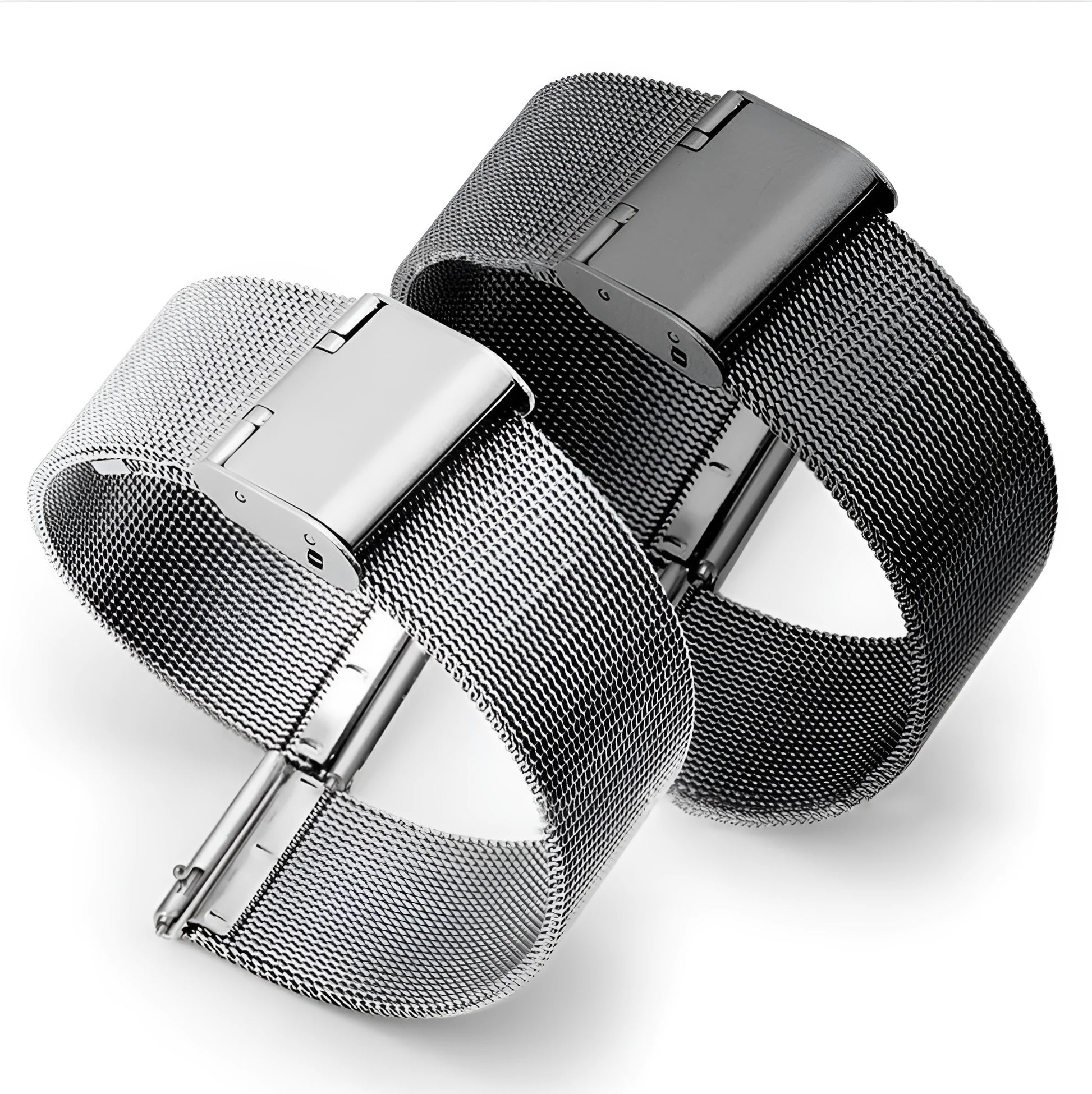 Milani silk woven stainless steel watch band showing metallic finish and woven texture, available in multiple width sizes