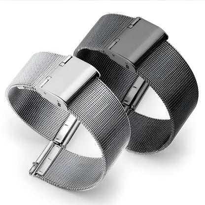 Milani silk woven stainless steel watch band showing metallic finish and woven texture, available in multiple width sizes