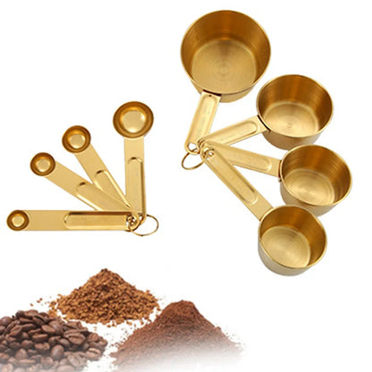 Stainless steel measuring spoons and cups set with engraved markings and removable storage rings