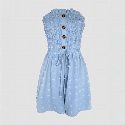 Women's off-shoulder sleeveless jumpsuit in polyester fabric with button detailing and mid-waist design