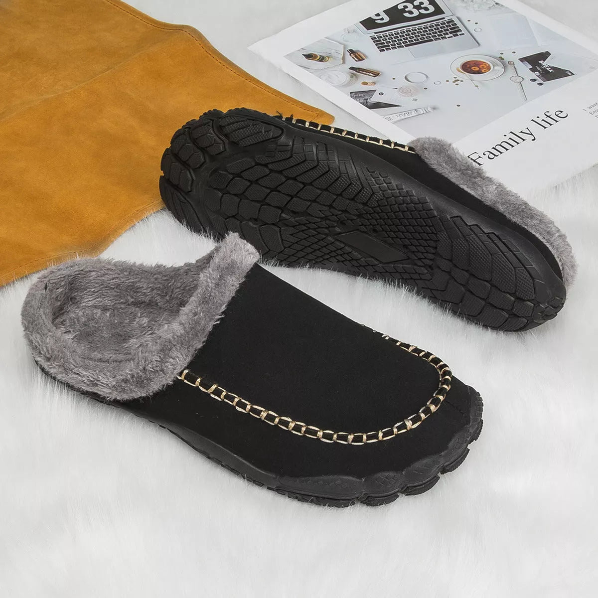 Men's winter slippers with anti-slip rubber outsole and fluffy plush lining in various colors