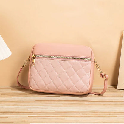 Large-capacity PU crossbody bag with diamond mesh, stitching, horizontal square shape, in white, black or pink