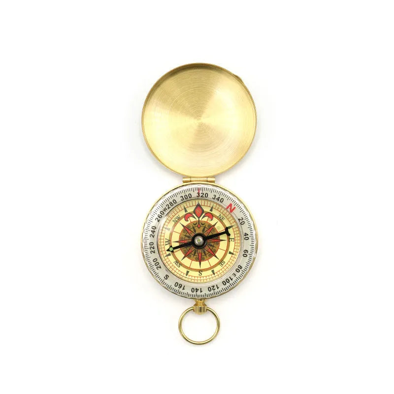 Gold brass compass G50 pocket watch with flip lid, 50mm diameter, luminous dial, copper shell, for outdoor navigation