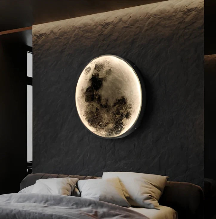 Moon wall lamp with 300mm diameter and warm dimmable light mounted on bedroom wall