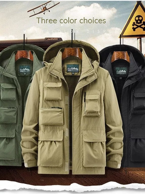 Outdoor Shell Jacket Overalls Jacket in Black, Army Green, Khaki with size patch pocket