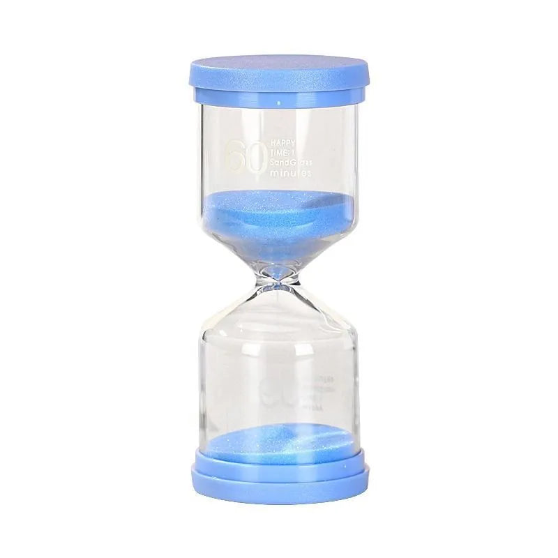 Glass sand timer with coloured quicksand in blue, green, pink, or purple options for 5-30 minute timing