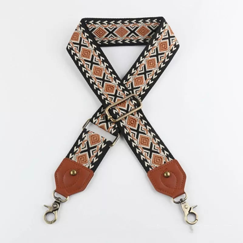 Retro striped bag strap with lobster hook clasp, adjustable length, and 5CM width