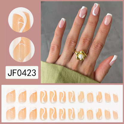 French Simplicity Short White Wear Finished Nail Beauty Fake Nails with plaid pattern
