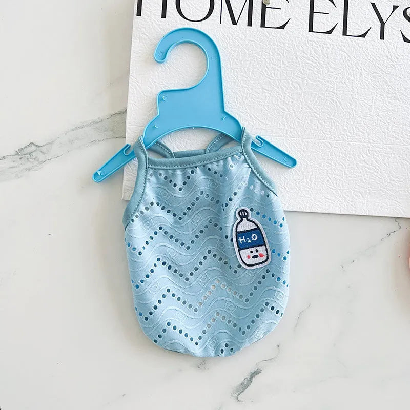 Pet vest with mesh straps in blue milk bottle colour showing camisole-style polyester construction