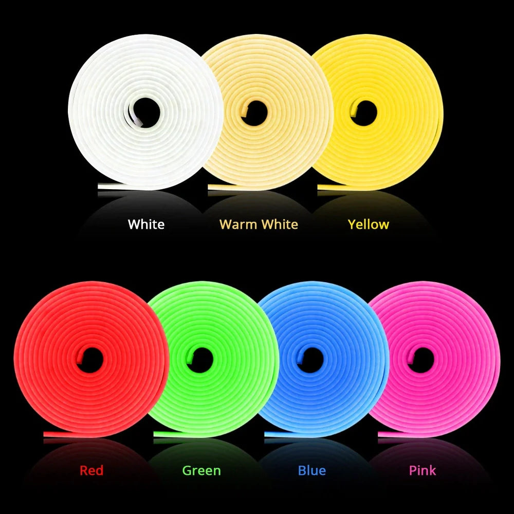 Flexible smart LED neon light strip showing curved installation with mobile app control interface