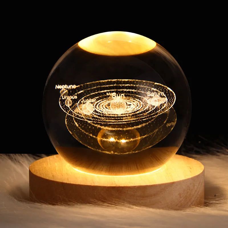 Crystal ball night light projecting 3D starry sky and planets with solid wood base