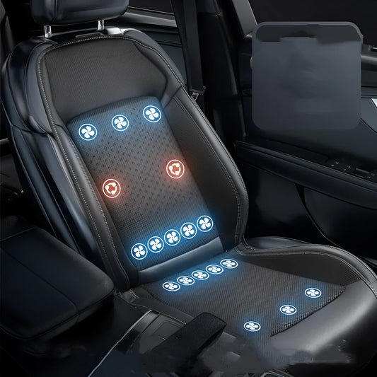 HL-21 black car seat cooling pad with 12V plug and USB cable on a car seat