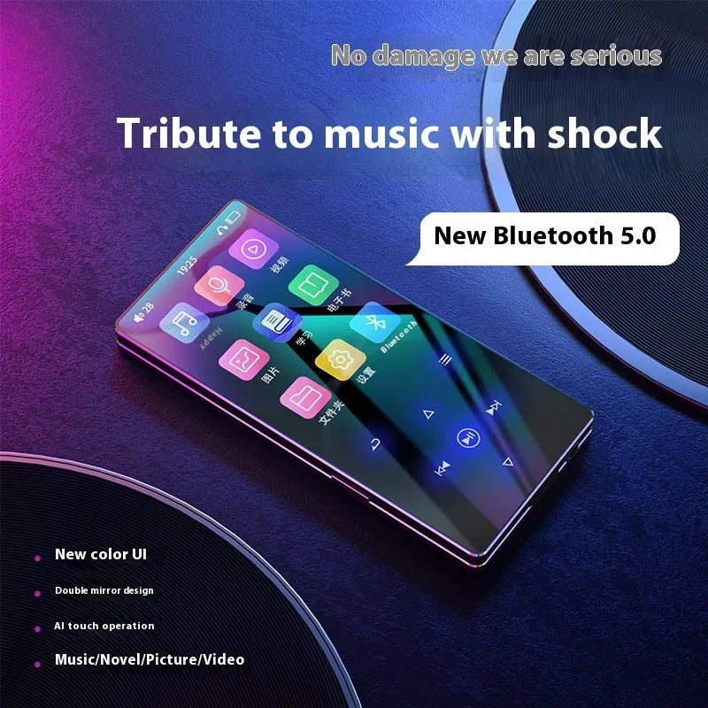 Black portable media player with 2.4 inch screen, Bluetooth, FM radio, and 16GB memory