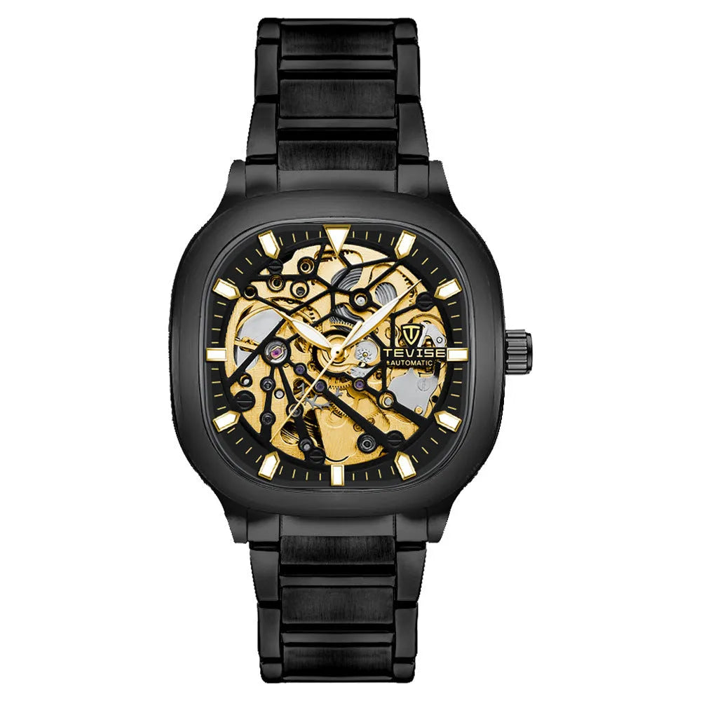 Men's square hollow automatic watch with luminous hands, stainless steel strap, and water resistance