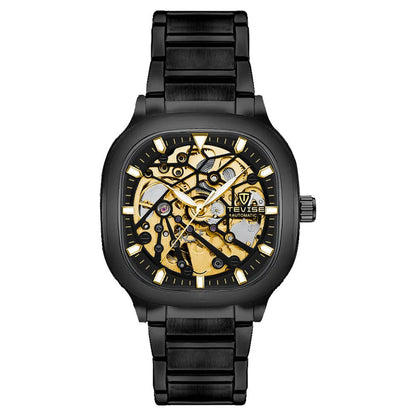Men's square hollow automatic watch with luminous hands, stainless steel strap, and water resistance
