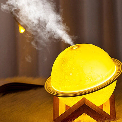 Planet-shaped humidifier with wooden frame and USB cable, 154mm width