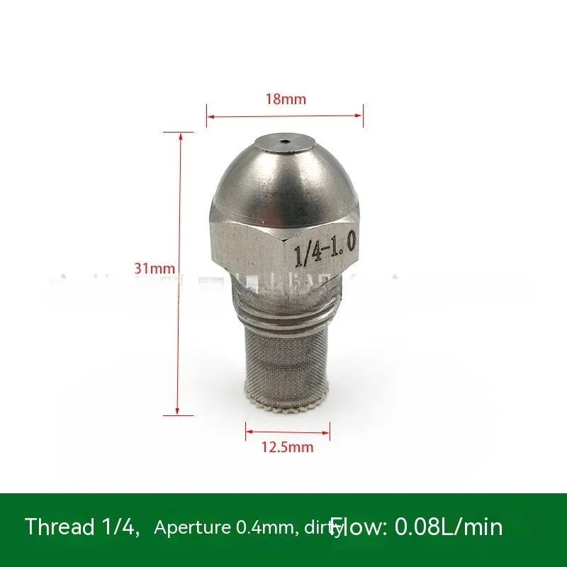 304 stainless steel high and low pressure atomising nozzle with external thread and filter.