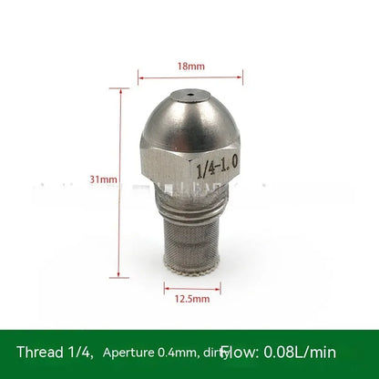 304 stainless steel high and low pressure atomising nozzle with external thread and filter.