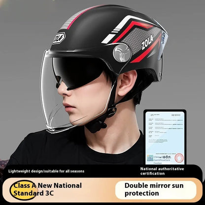 Men's and women's battery motorcycle half helmet with double mirror visor in light brown colour, 3C-certified ABS construction