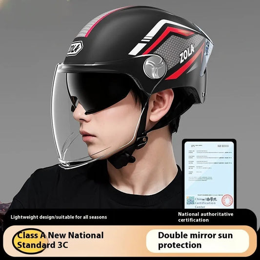 Men's and women's battery motorcycle half helmet with double mirror visor in light brown colour, 3C-certified ABS construction