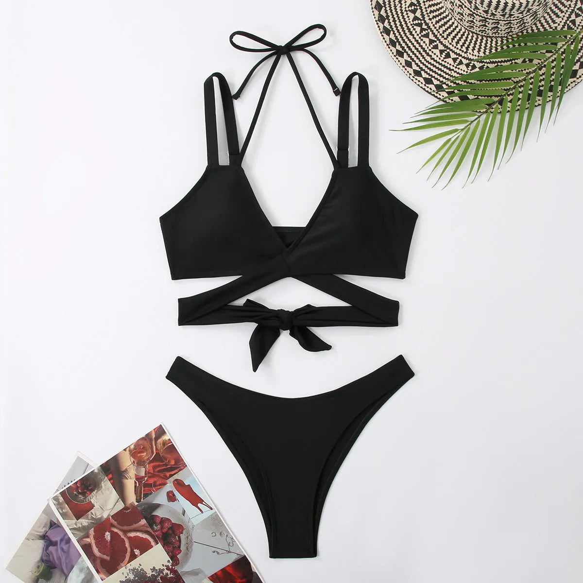 Women's solid colour bikini with adjustable strap ties and removable cups in black, red, blue, rose red, or white