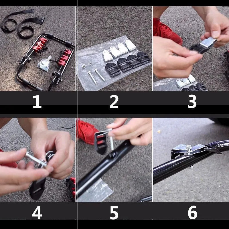 Black and red trunk mounted car bike holder rack with adjustable fastening system on vehicle boot