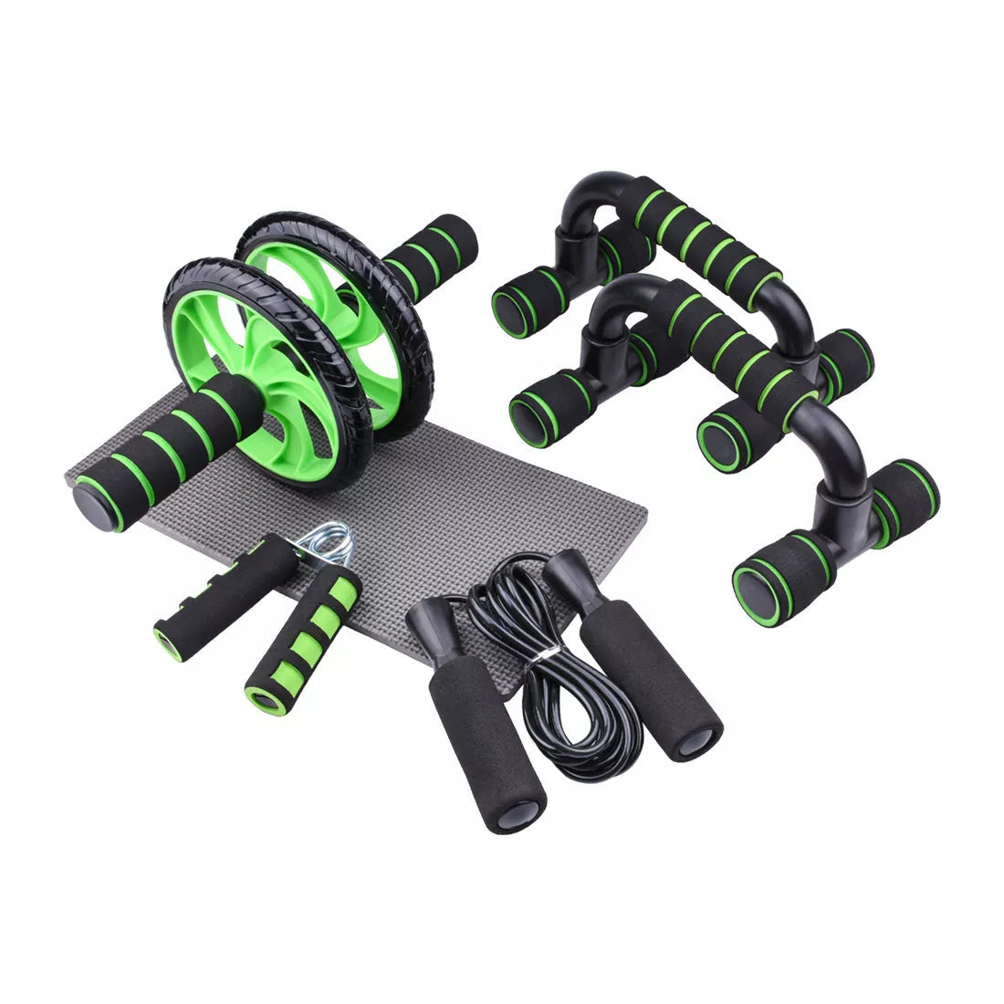 Abdominal wheel set for home fitness, includes wheel, kneeling mat, and skipping rope