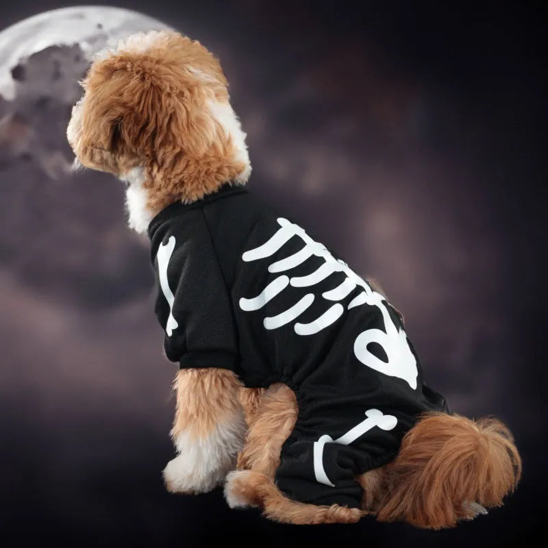 Halloween luminous skeleton bones four-legged pet costume for dog or cat in milk silk or sweater fabric.