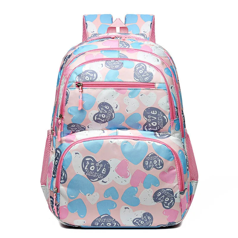 Student schoolbag with air pillow belt in blue, grey, pink, or rose red, made from Oxford cloth for burden reduction.