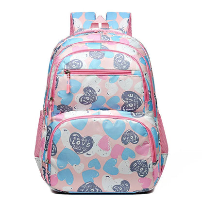 Student schoolbag with air pillow belt in blue, grey, pink, or rose red, made from Oxford cloth for burden reduction.