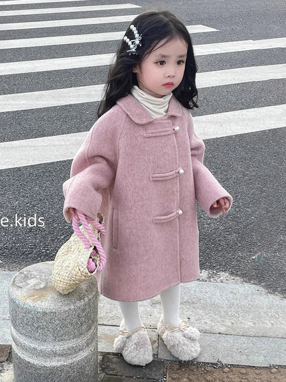 Reversible peach pink woolen coat for girls with Korean style design and cotton fabric