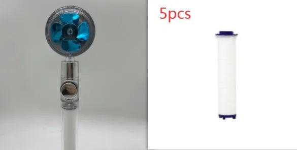 Chrome-finished ABS plastic water-saving shower head with a round, rotating spray head.
